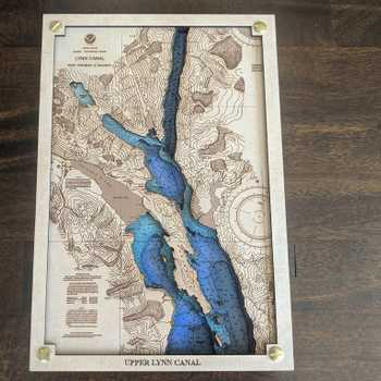 Laser-cut nautical chart of the Lynn Canal near Haines, Alaska